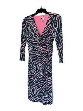Anne Klein Zebra Print Faux Wrap Dress Size 4 Pink Navy 3/4 Sleeve Midi Sheath